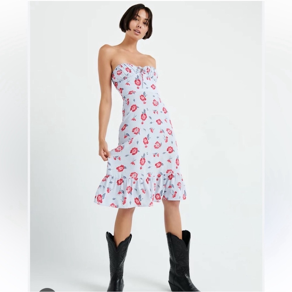 Aritzia Light Blue Strapless Floral Midi Dress with Red Roses